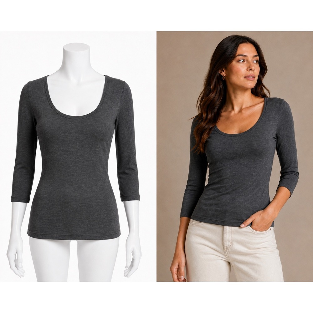 James Perse Standard Top Women 2 Medium Gray Slub Knit Scoop Neck 3/4 Sleeve